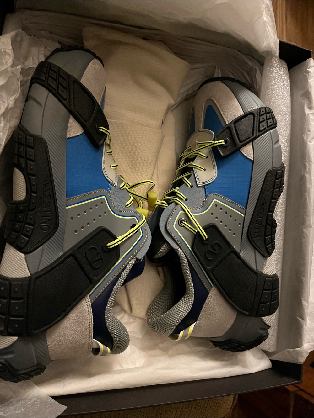 Valentino Blue, Gray & Neon Lace Mixed-Media Sneaker brand new with box